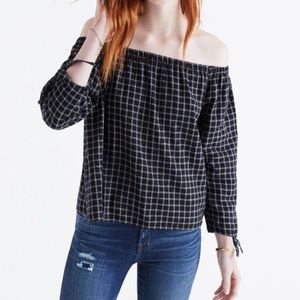 Madewell plaid off the shoulder long sleeve top